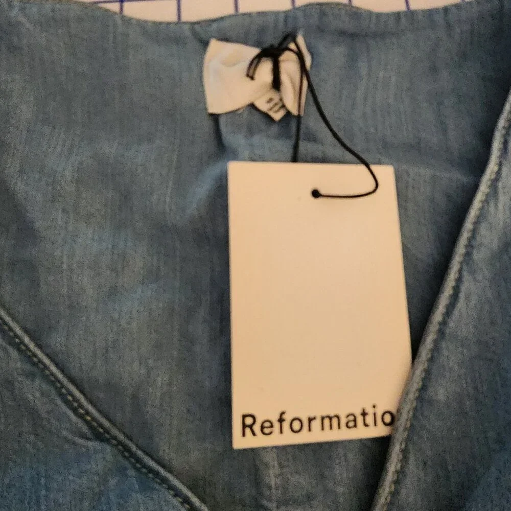 Reformation Sebastien Denim Midi Dress Broken Button NWT Size 10 - Picture 6 of 13